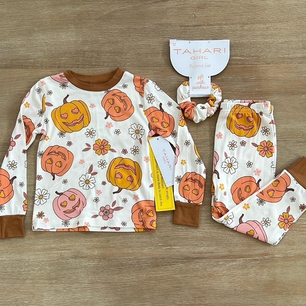 🎃 Tahari Girl Halloween Fall Pumpkin Pajama Set Long Sleeve Scrunchie 2T 3T 4T